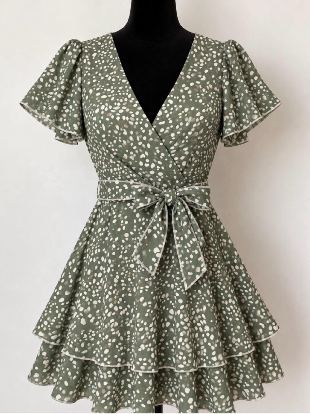Women’s Sage Green Wrap Romper Dress with Cream Dot Print and Waist Tie